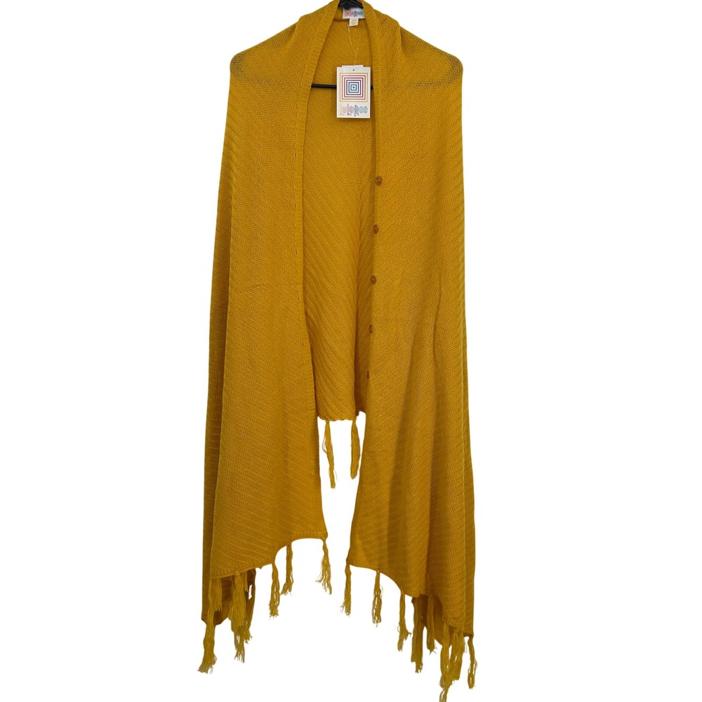 LuLaRoe Mustard Yellow Button Up Knit Wrap Cardigan Fringe Tassel One Size NWT‎